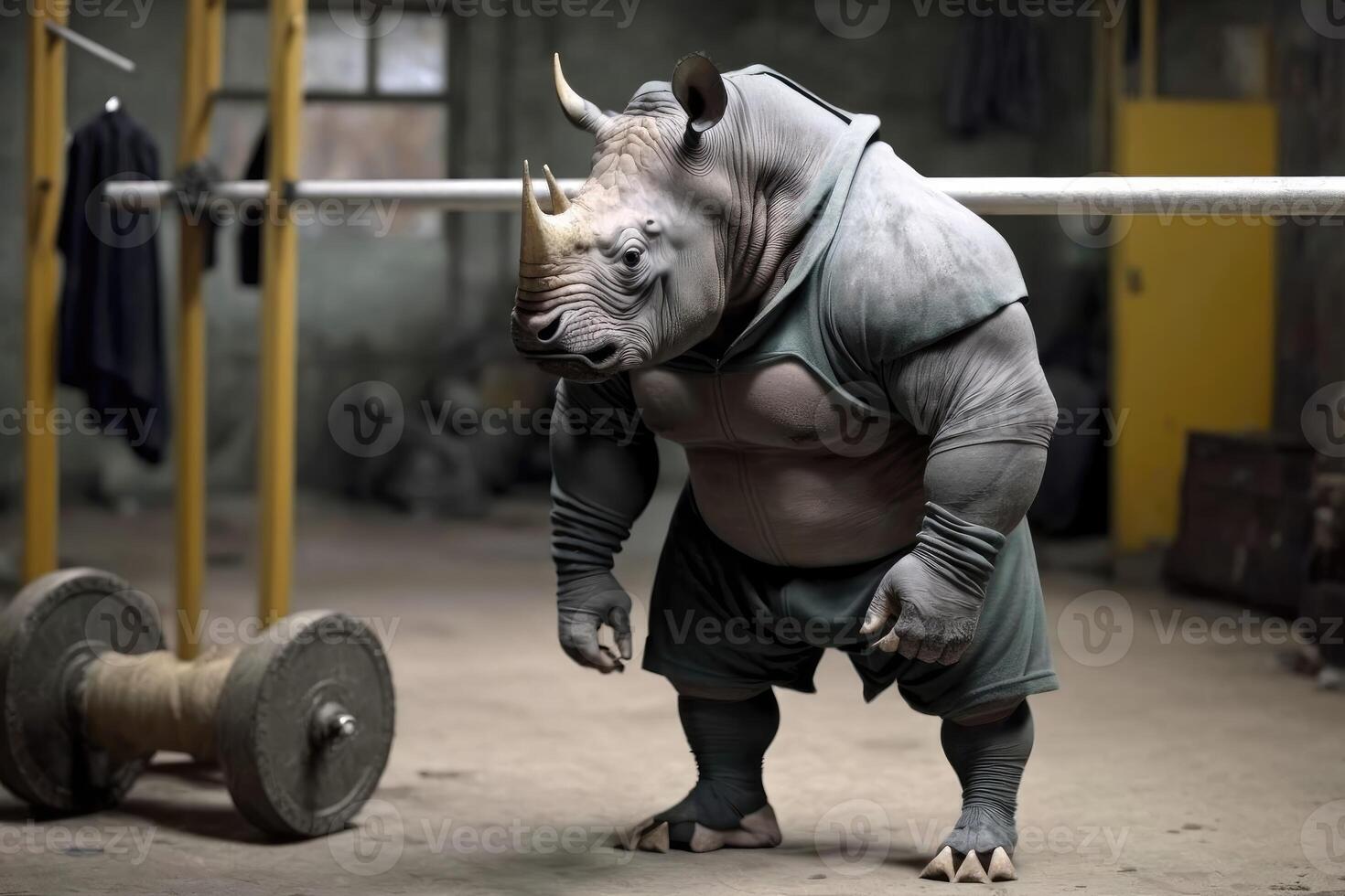 ai generado rinoceronte usa rutina de ejercicio paño. amor salud y aptitud concepto. foto