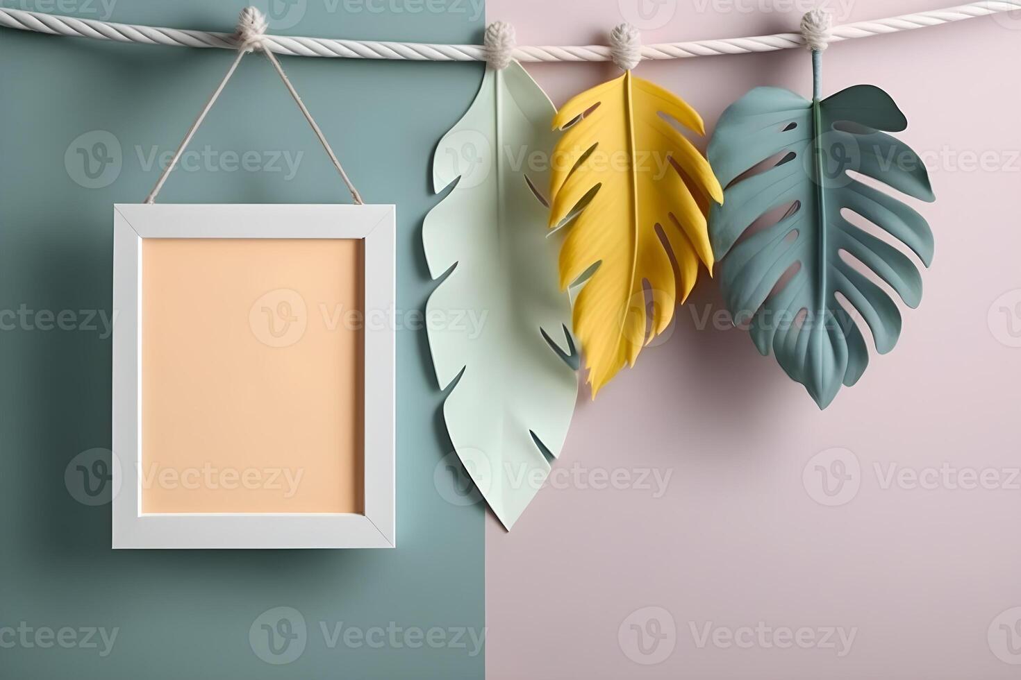 blank white frame on a pastel colored wall . photo