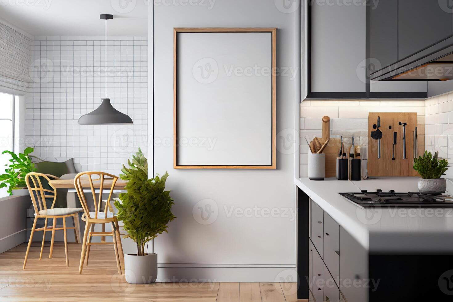 mockup poster frame in modern interior background, interior space, living room, Contemporary style . photo