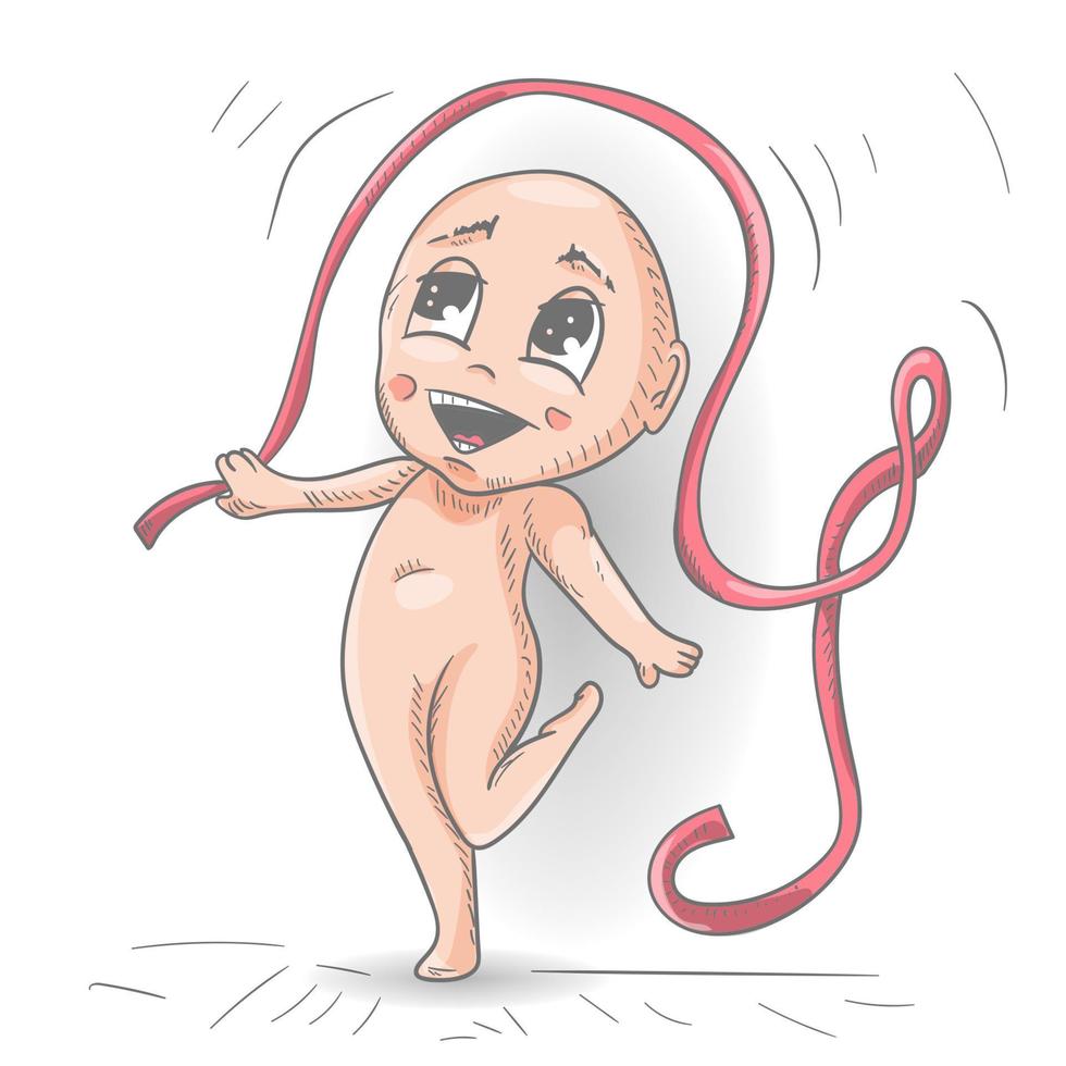 A little funny man Chibi jumps with a ribbon colored contour vector illustration in the style of a doodle