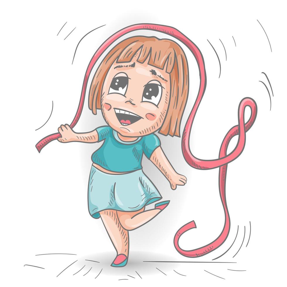 A little funny man Chibi in clothes jumps with a ribbon colored contour vector illustration in the style of a doodle