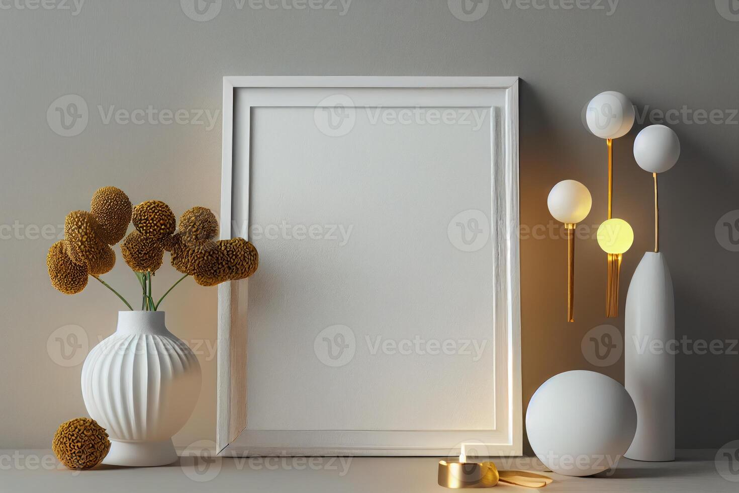 Minimalist boho mockup, empty blank white picture frame, tasteful decorations, stylish lighting . photo