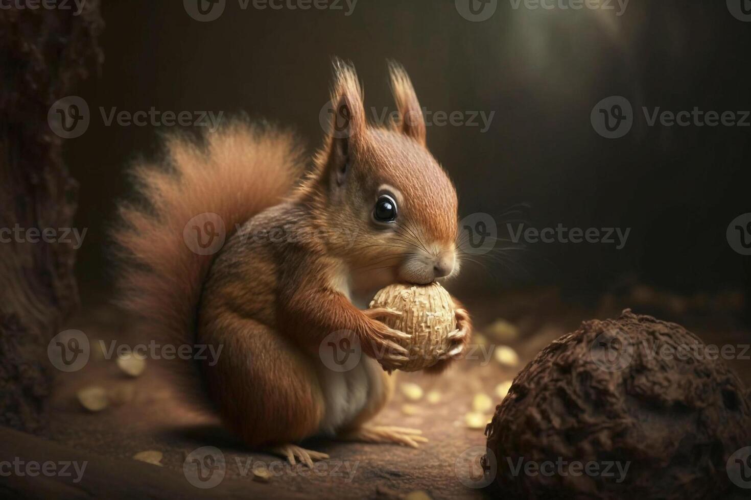 a curious squirrel nibbling on a nut, with its bushy tail twitching behind it. photo