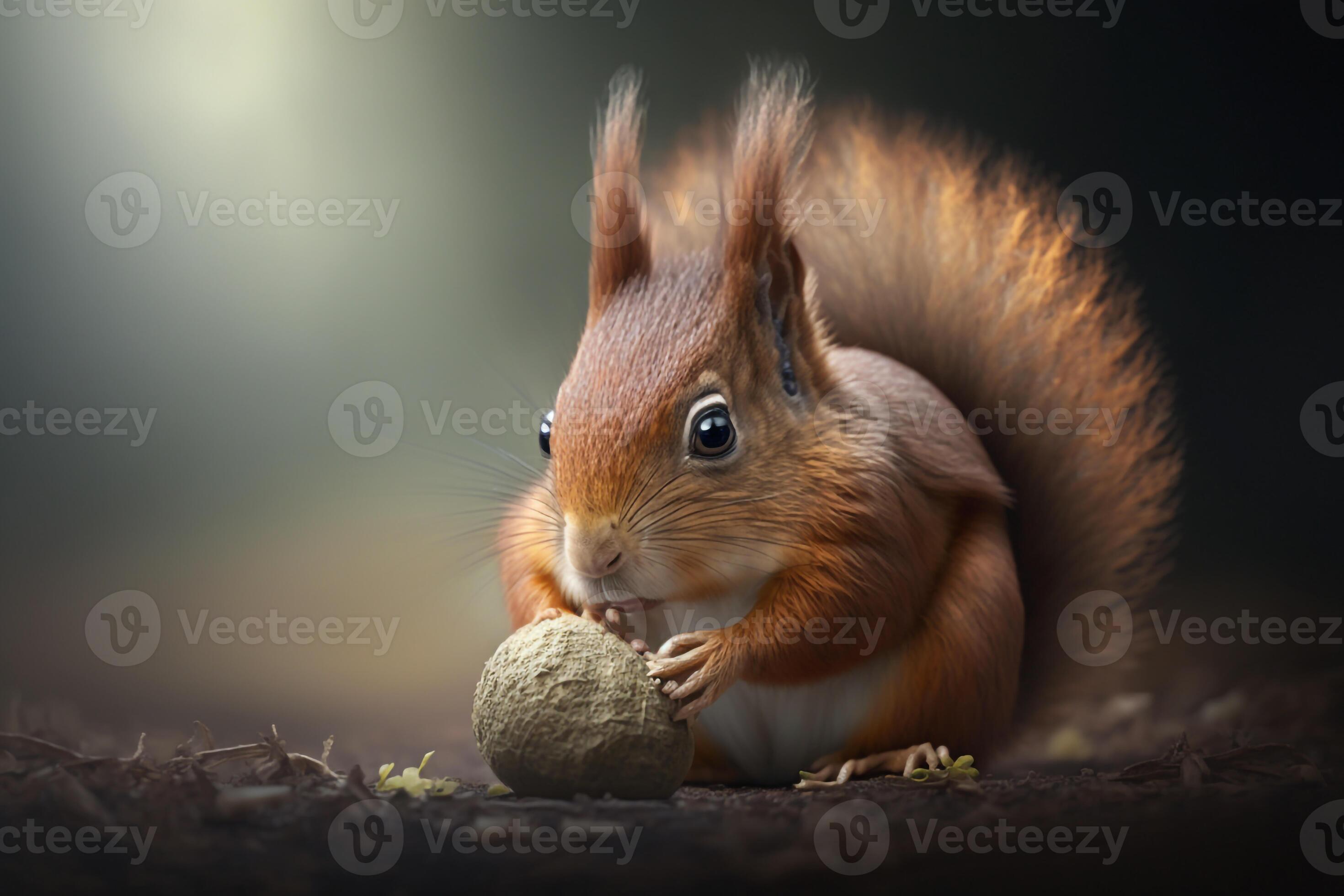 a curious squirrel nibbling on a nut, with its bushy tail twitching