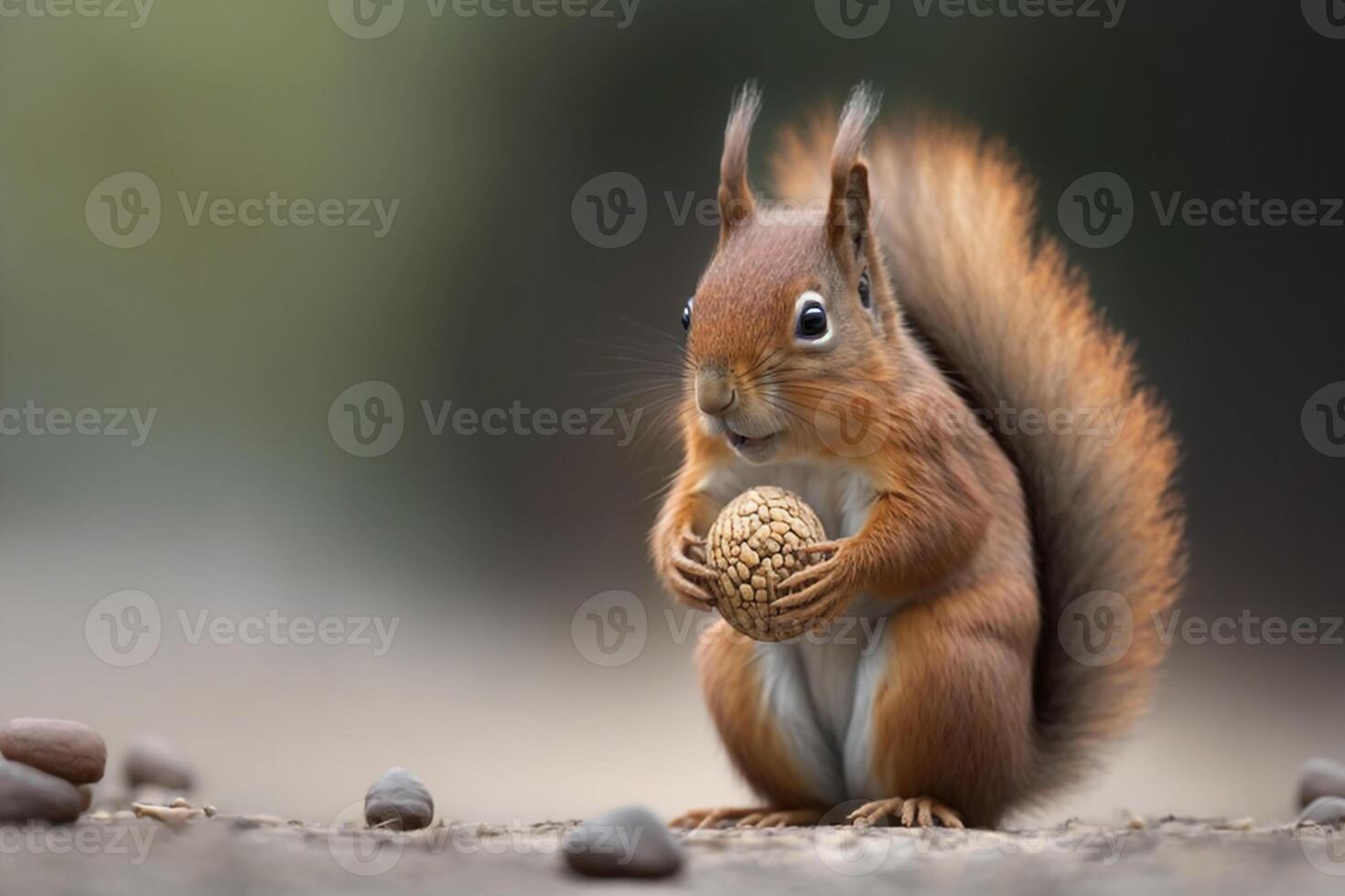 a curious squirrel nibbling on a nut, with its bushy tail twitching