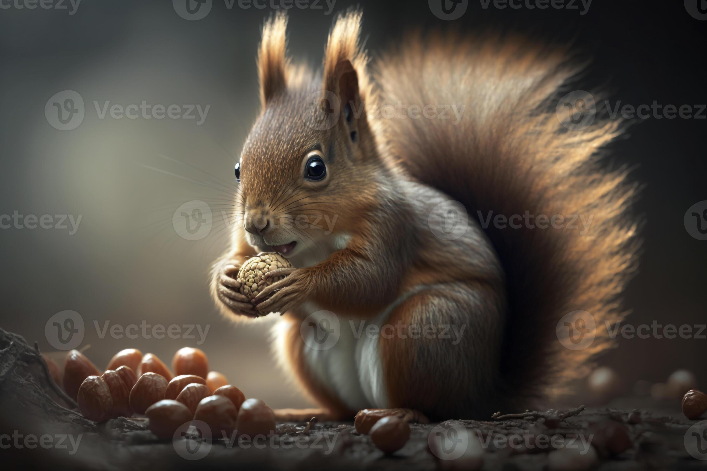 a curious squirrel nibbling on a nut, with its bushy tail twitching