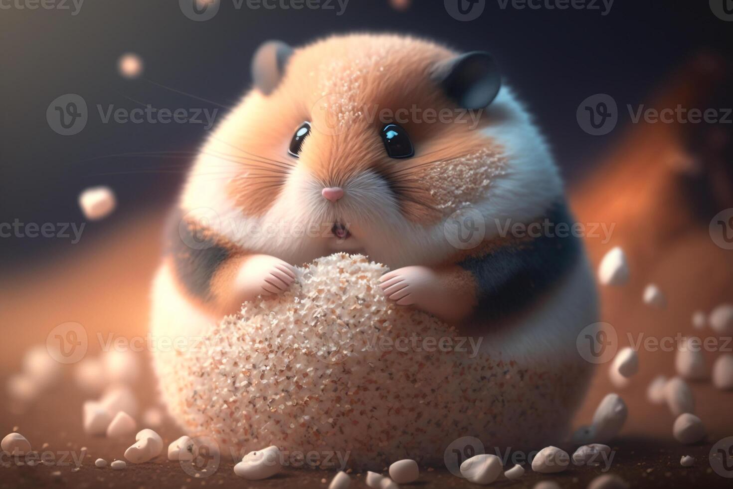 a chubby hamster stuffing its cheeks with food, with its tiny paws grasping the pellets. photo