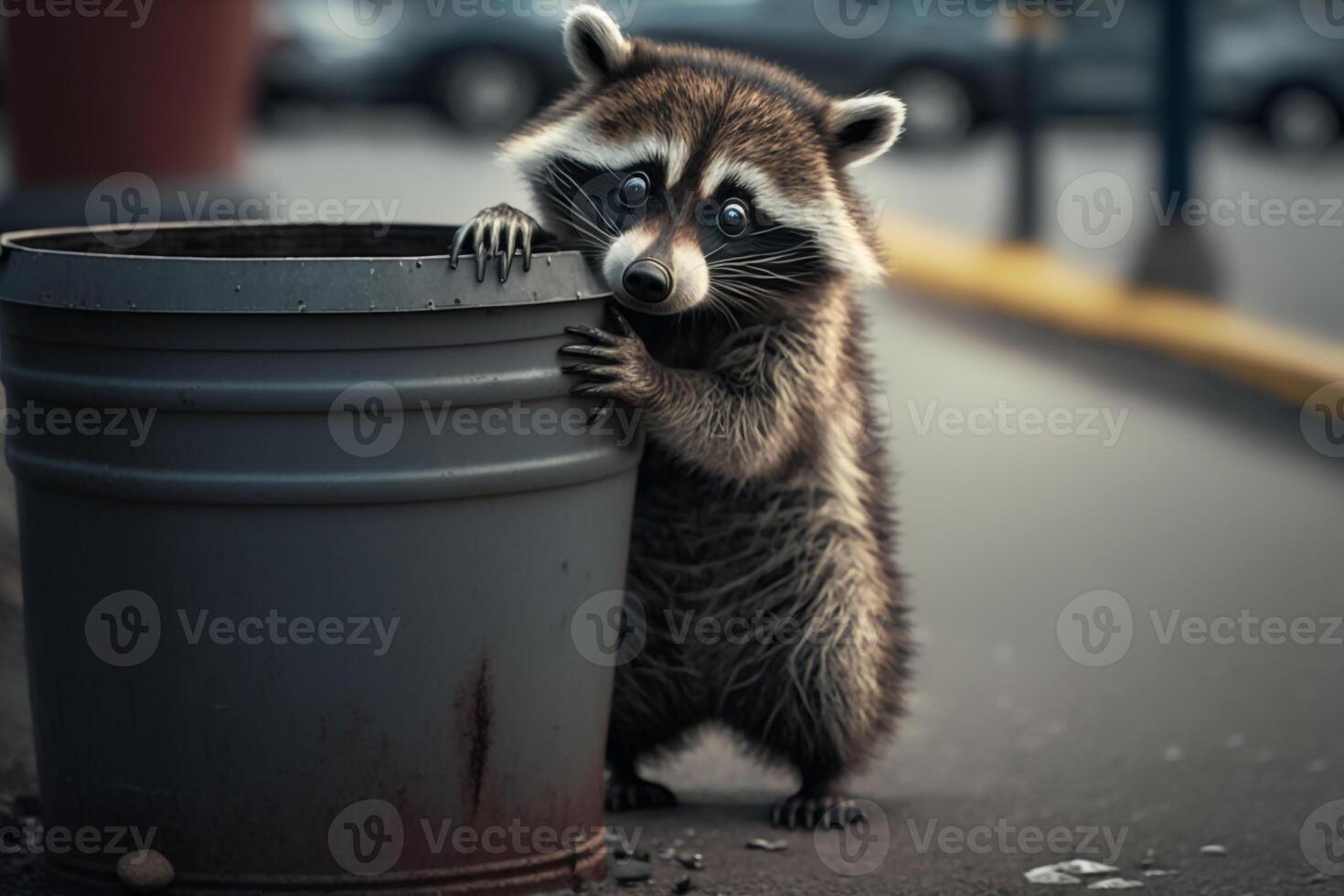 un mapache en pie en sus posterior piernas, mirando dentro un basura poder. ai generado foto