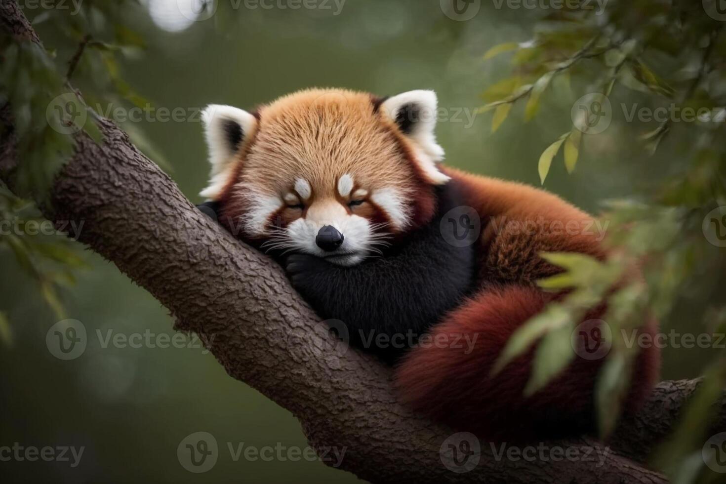 a sleepy red panda nestled in a tree, with its eyes closed and paw resting on a branch. photo