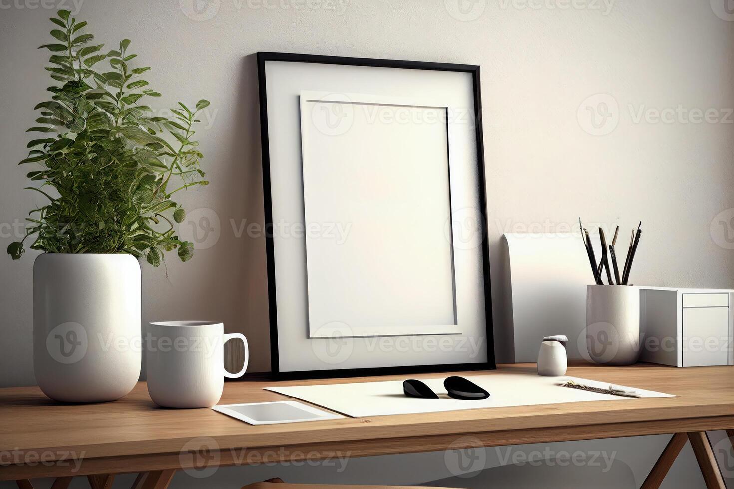 burlarse de arriba póster o foto marco en mesa minimalismo desván escritorio espacio . ai generado