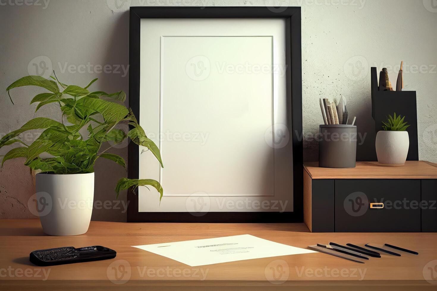 Mock up poster or photo frame on table minimalism loft desk space .
