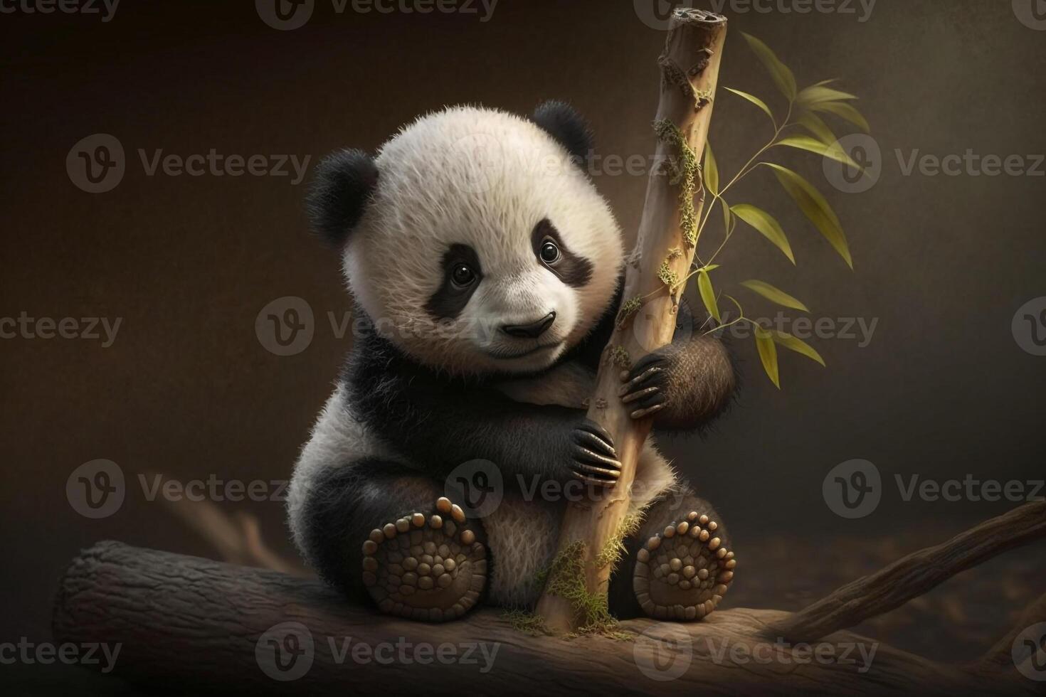 a baby panda sitting on a tree branch, holding onto a bamboo shoot. photo