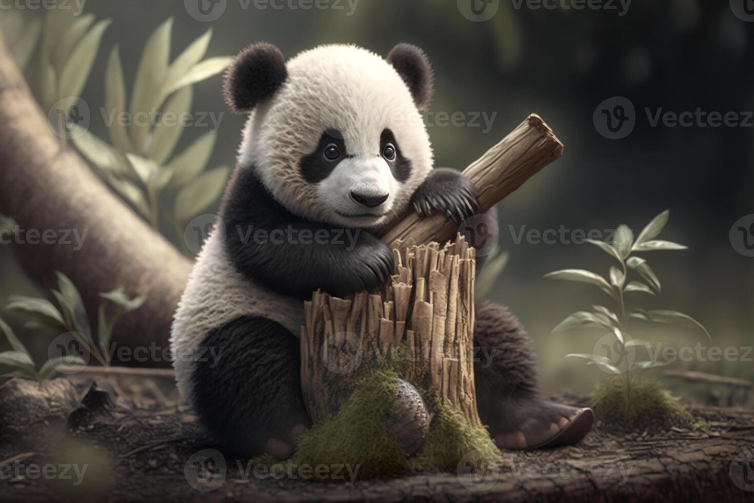 a baby panda sitting on a tree branch, holding onto a bamboo shoot. photo