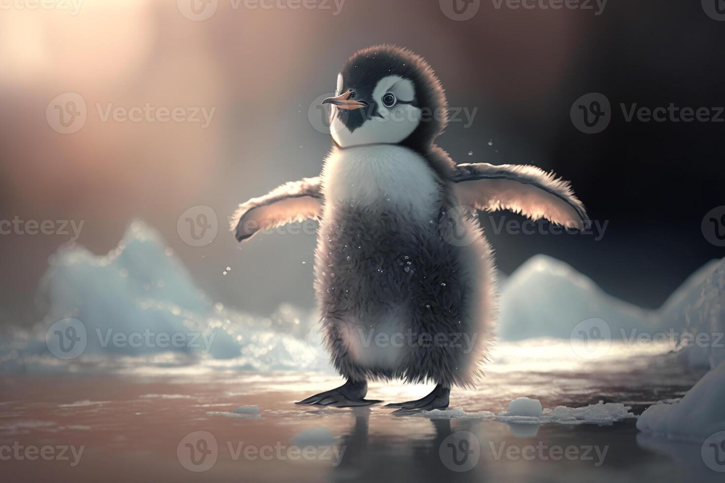 a baby penguin waddling across the ice, with its wings outstretched for balance. photo