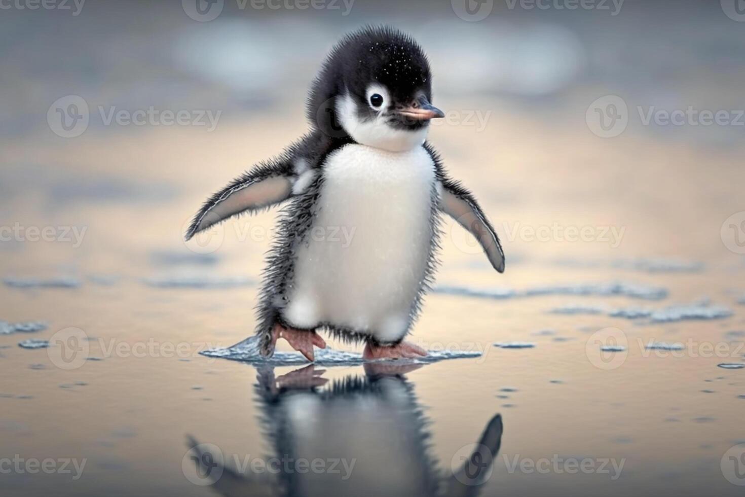 a baby penguin waddling across the ice, with its wings outstretched for balance. photo