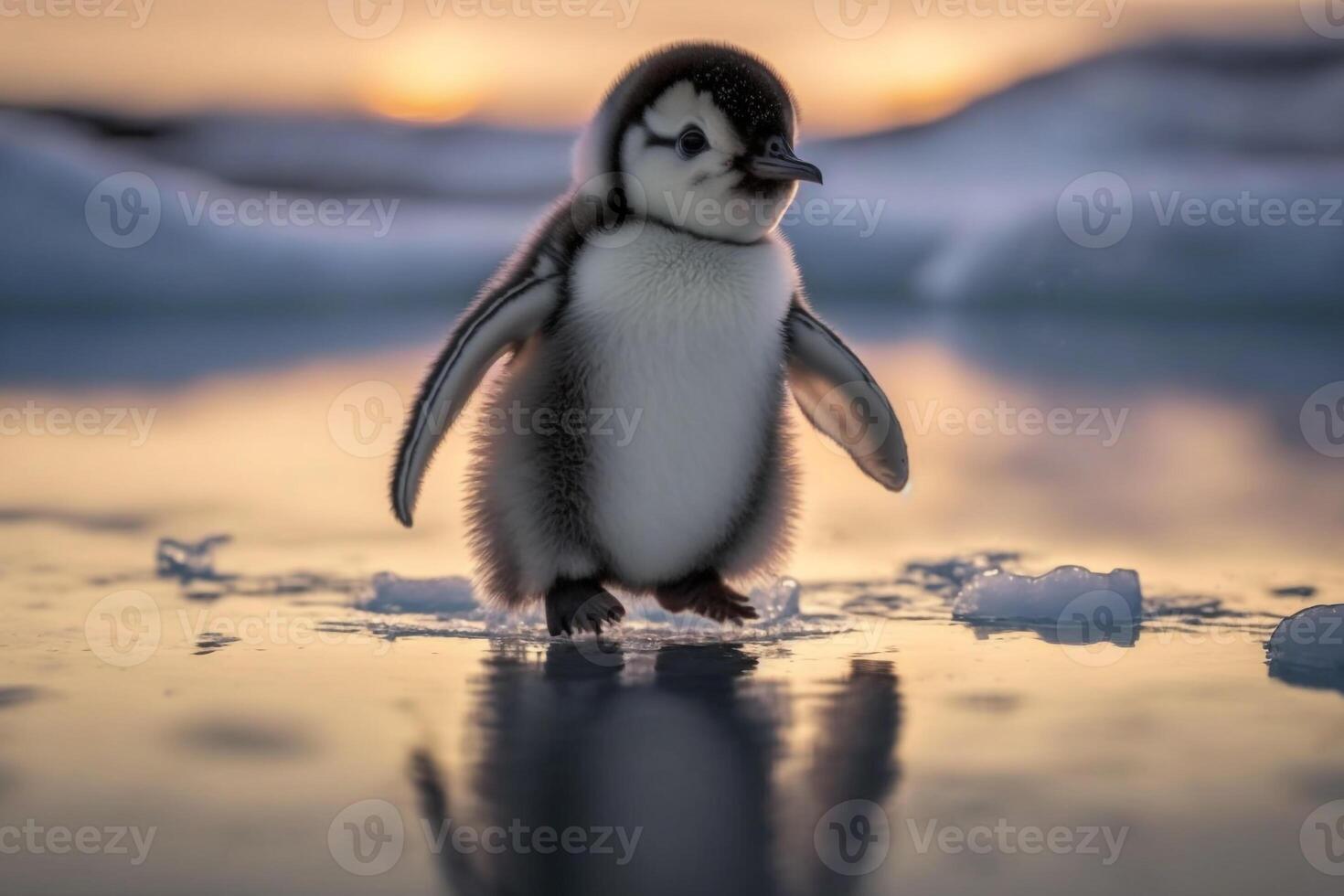 a baby penguin waddling across the ice, with its wings outstretched for balance. photo