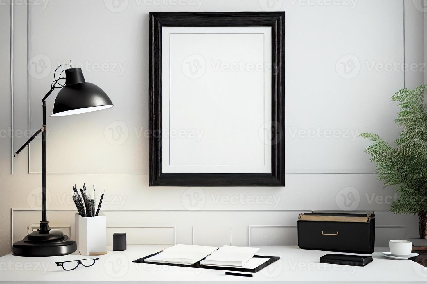 Mockup of black wooden picture frames on a table with empty space inside. on the white living room wall . photo