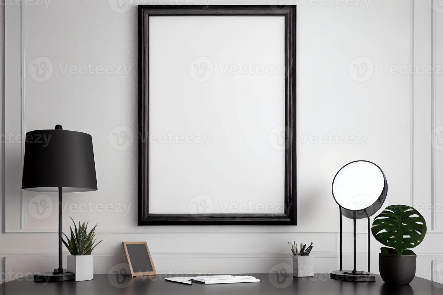 Black photo frame mockup on white wall plants on the table in a modern and minimalist apartment .