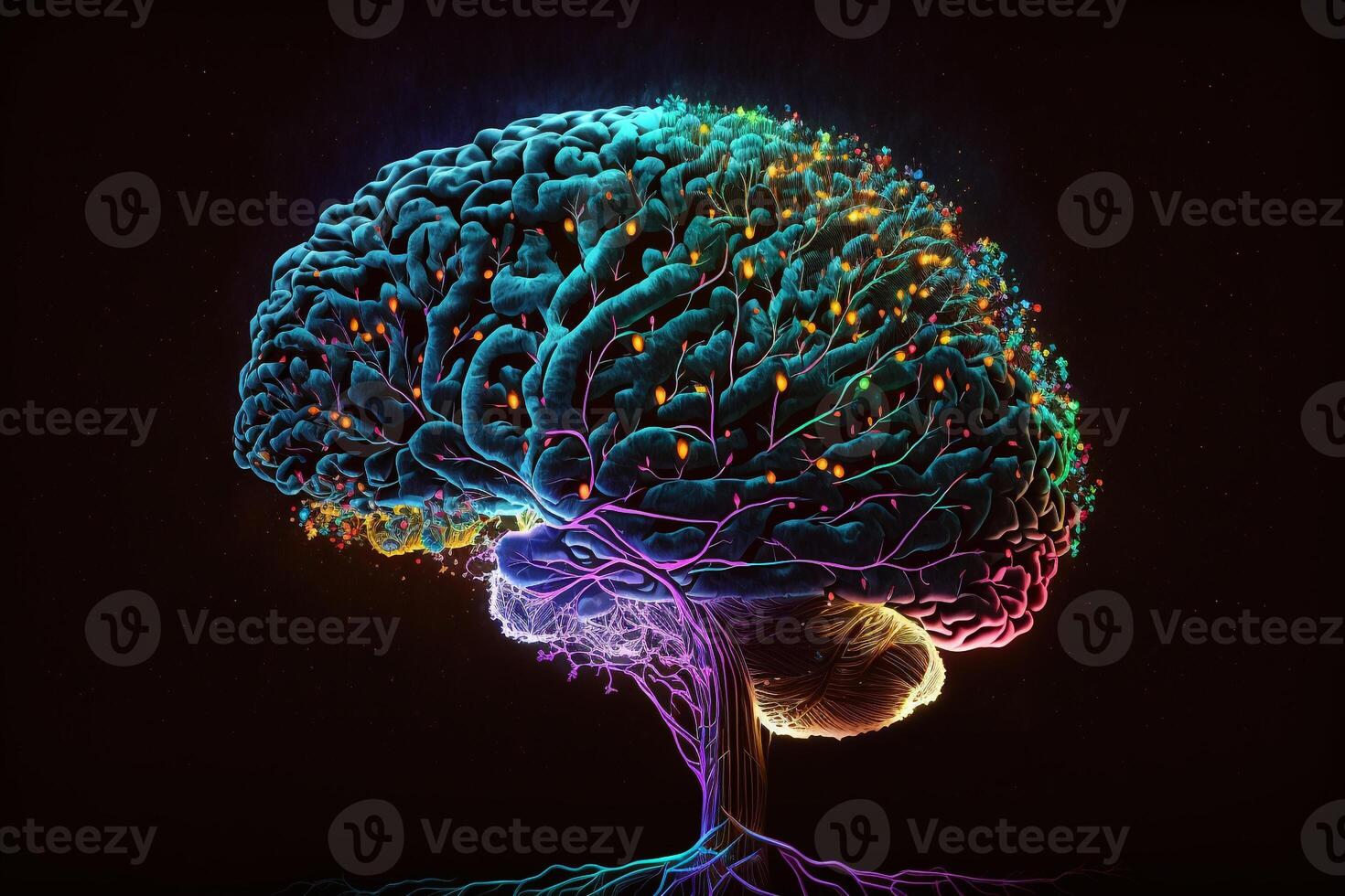 a brain as a vibrant and pulsating hub of activity, with different neurons and synapses lighting up like a colorful circuit board. photo