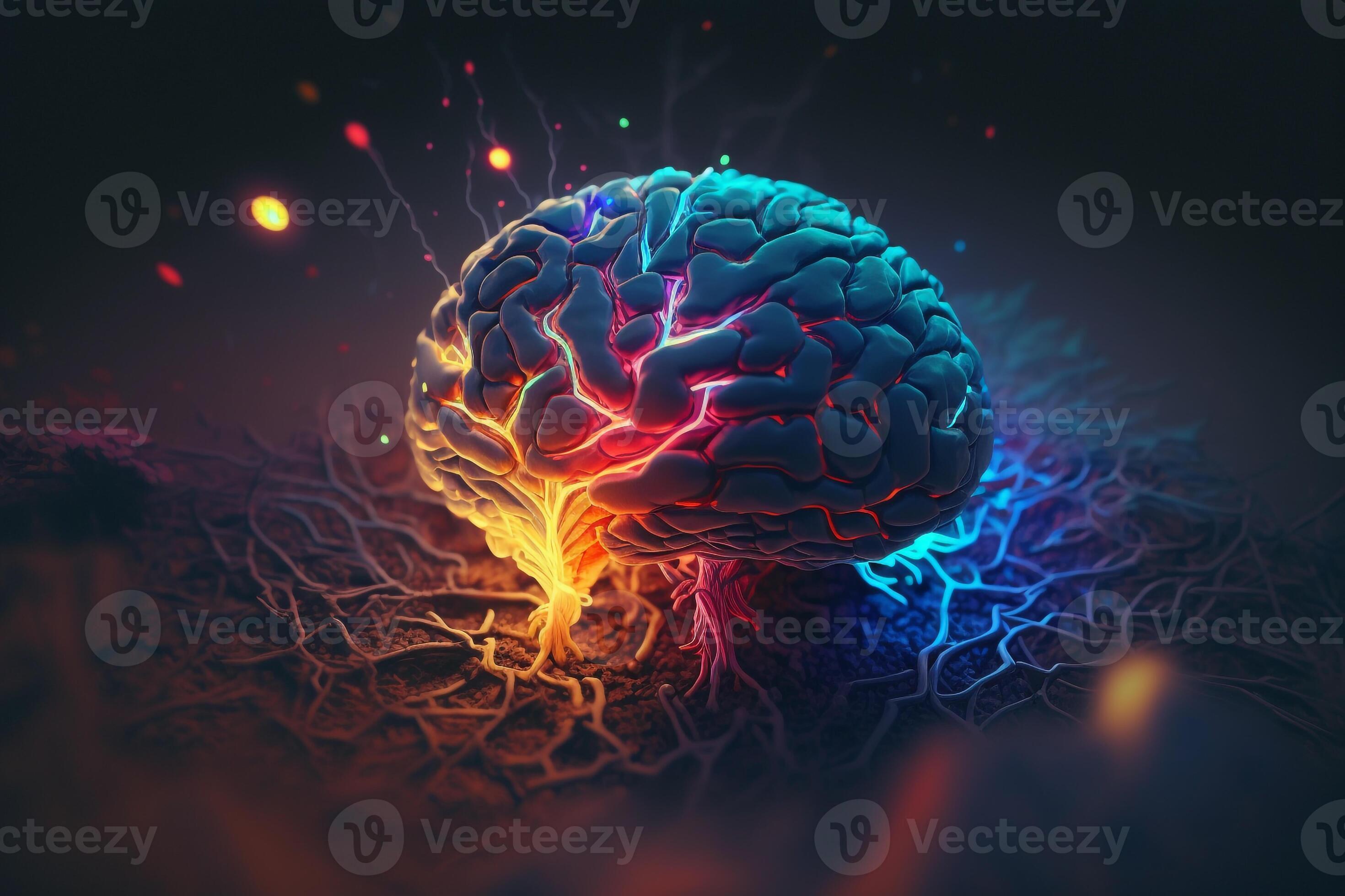 a brain as a vibrant and pulsating hub of activity, with different