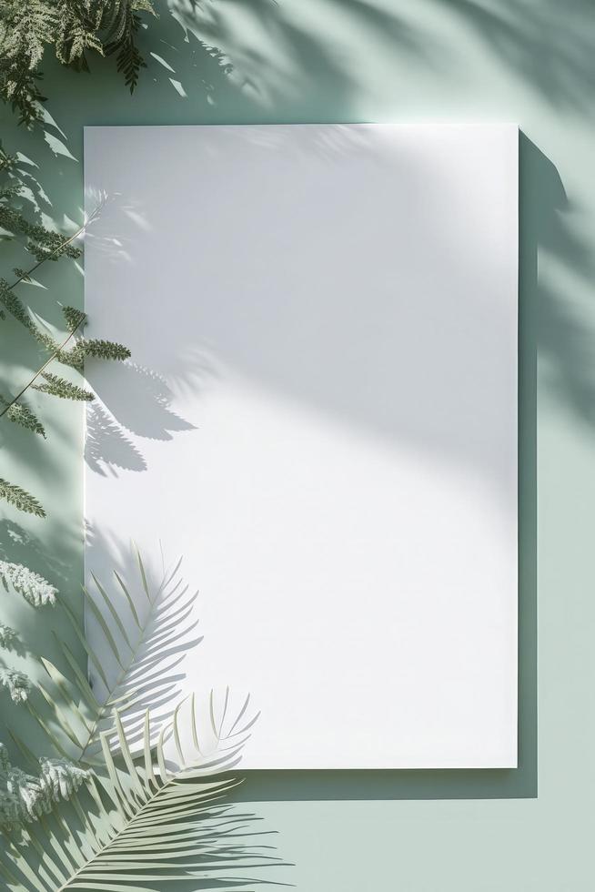 Blank white drawing canvas on mint colored surface with palm leaves, home plants and soft floral shadows, generate ai photo