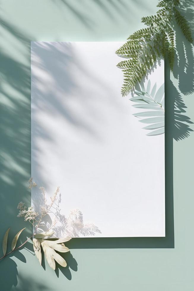 Blank white drawing canvas on mint colored surface with palm leaves, home plants and soft floral shadows, generate ai photo