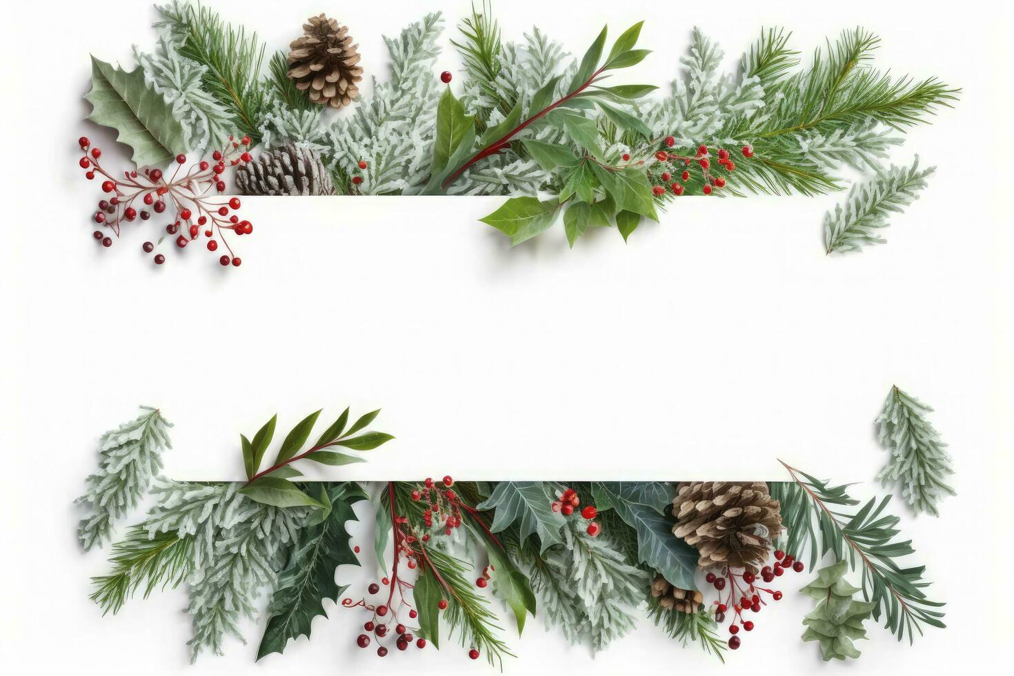 Flat lay composition with winter fir branches, cones, holly isolated on white background, generate ai photo