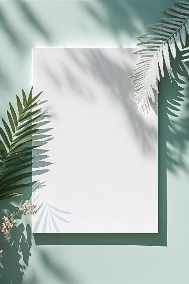 Blank white drawing canvas on mint colored surface with palm leaves, home plants and soft floral shadows, generate ai photo