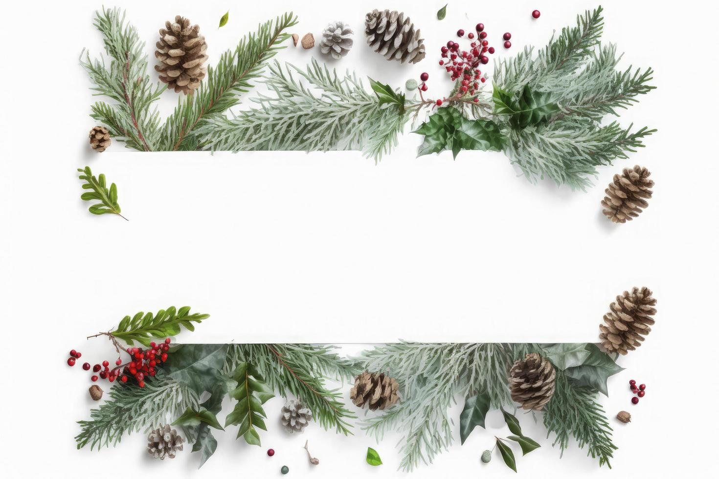 Flat lay composition with winter fir branches, cones, holly isolated on white background, generate ai photo