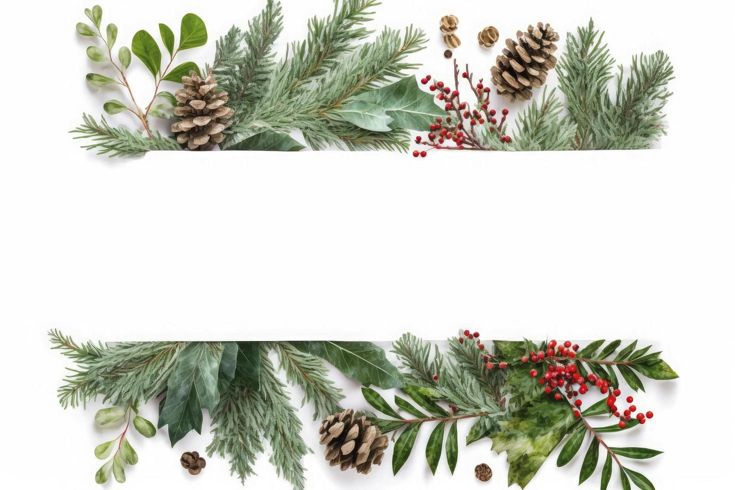 Flat lay composition with winter fir branches, cones, holly isolated on white background, generate ai photo