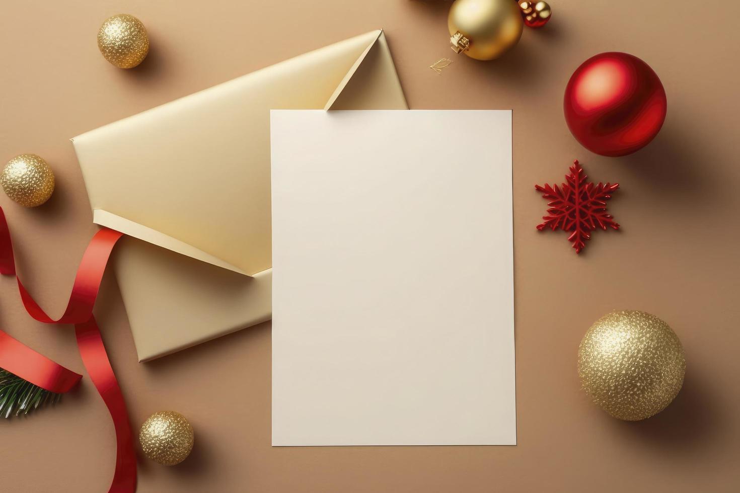 Empty paper blank for Christmas or New year greeting card. Gift boxes, holiday decorations on golden background top view. Flat lay style. stock photo Christmas, Letter, generate ai