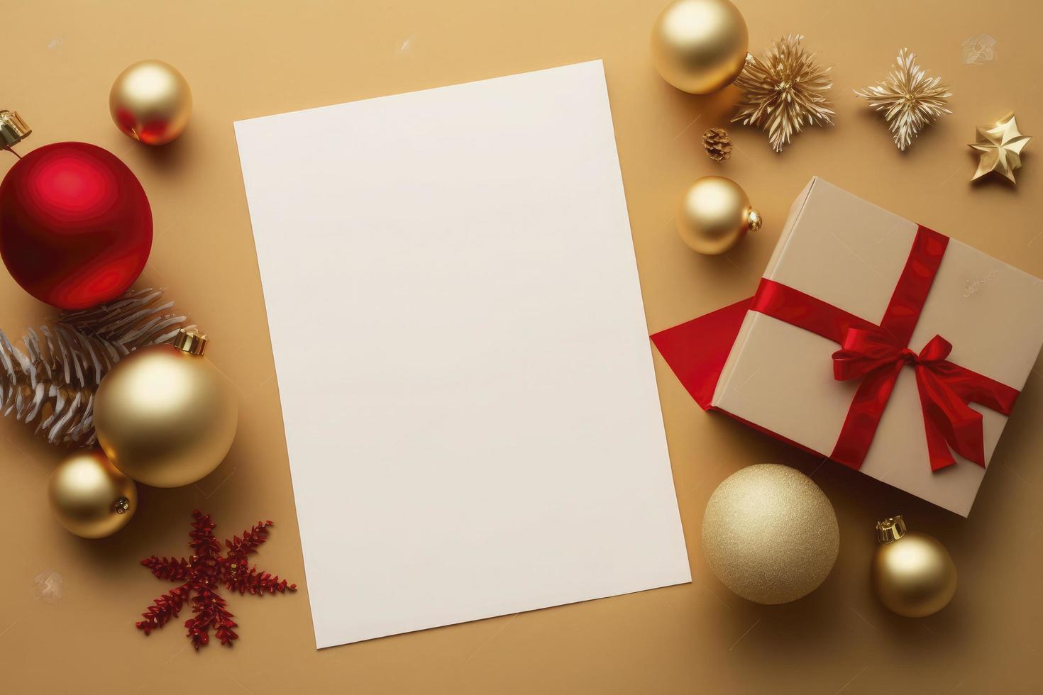 Empty paper blank for Christmas or New year greeting card. Gift boxes, holiday decorations on golden background top view. Flat lay style. stock photo Christmas, Letter, generate ai