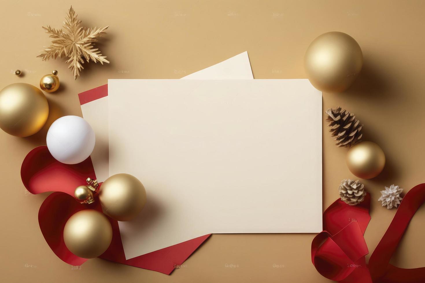 Empty paper blank for Christmas or New year greeting card. Gift boxes, holiday decorations on golden background top view. Flat lay style. stock photo Christmas, Letter, generate ai