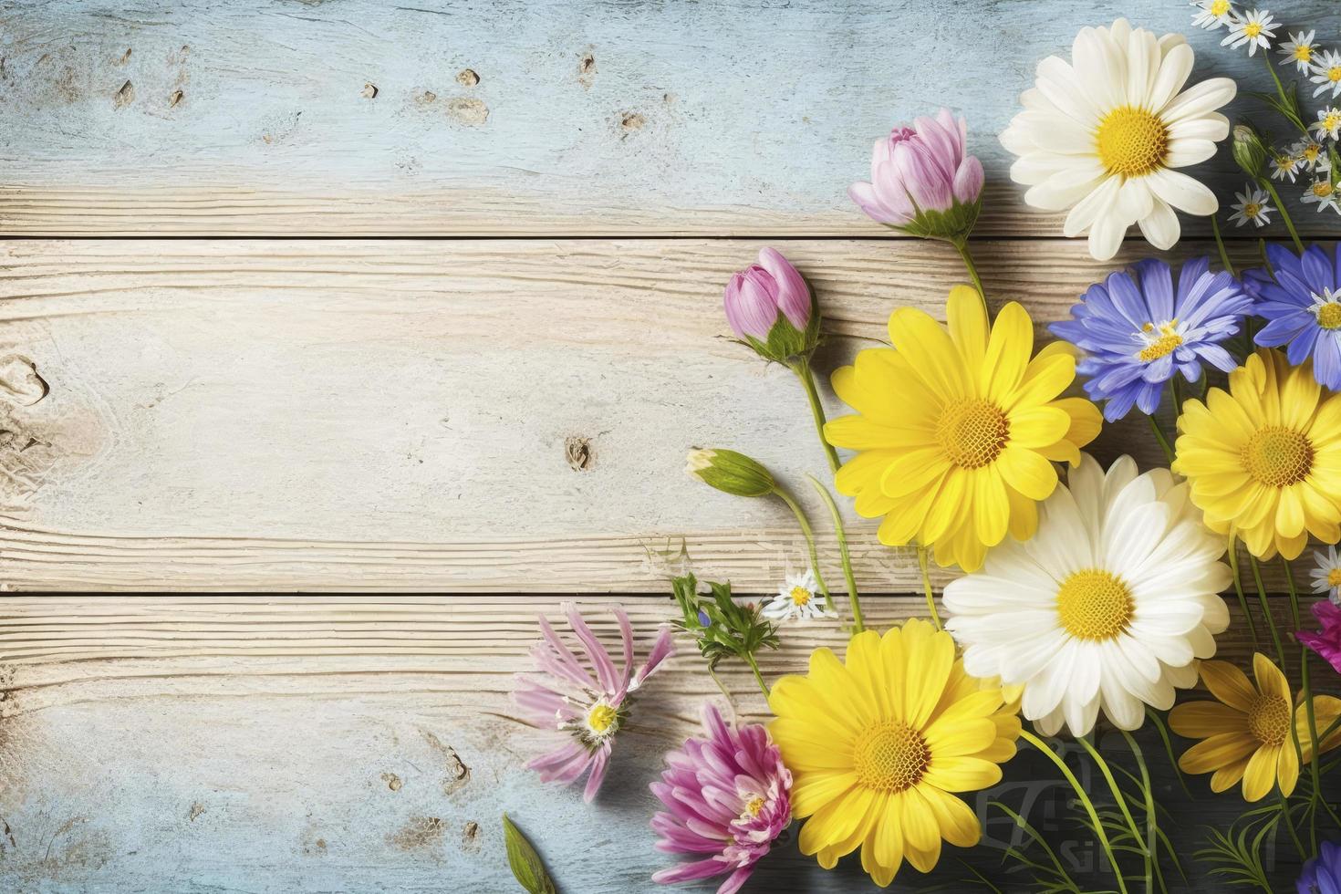 Garden flowers over wooden background stock photo Springtime, generate ai