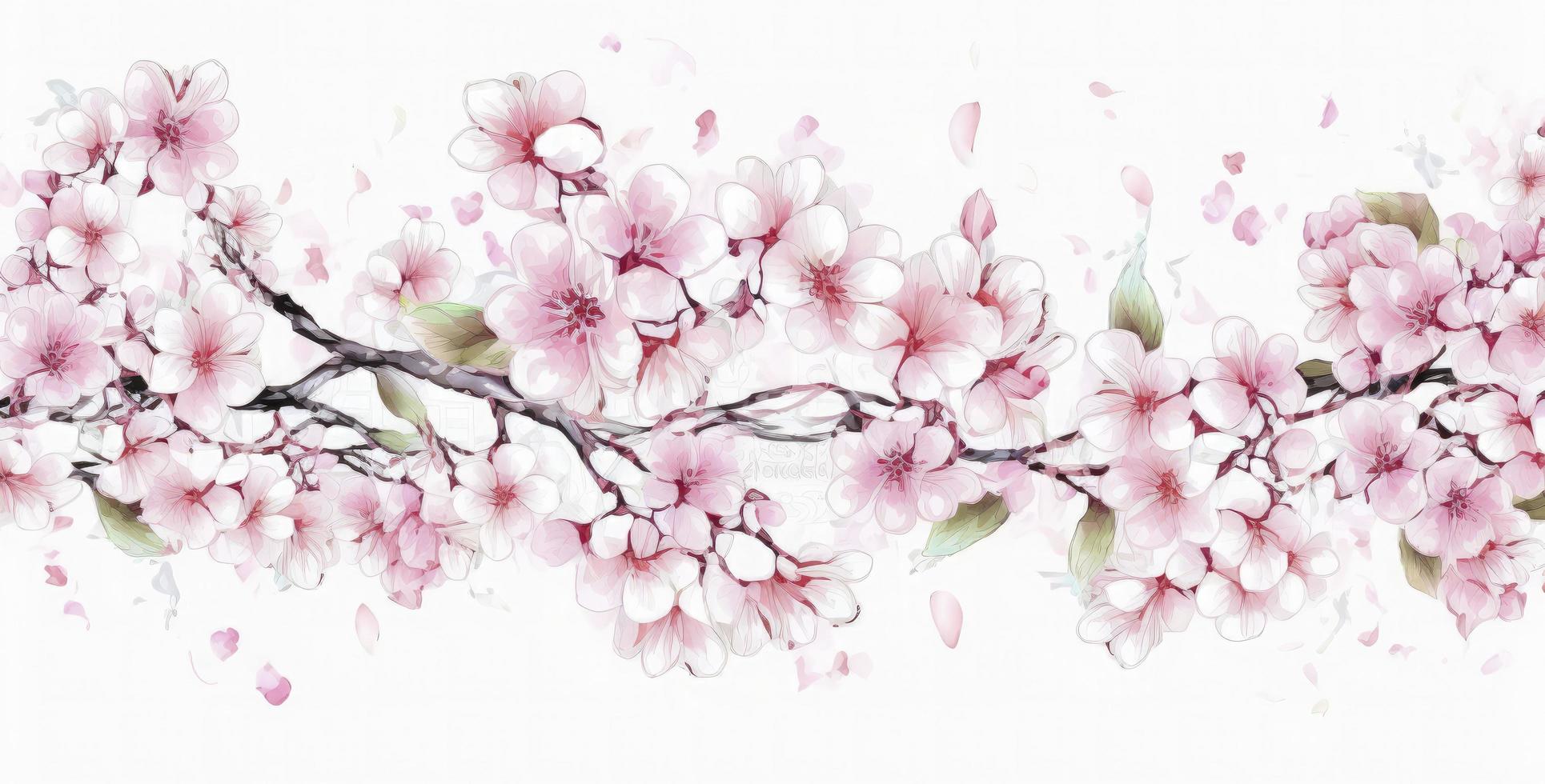 Watercolor illustration of cherry blossoms. Horizontal line decoration. Seamless pattern. Decoration light pink cherry blossom flowers frame with white background, generate ai photo