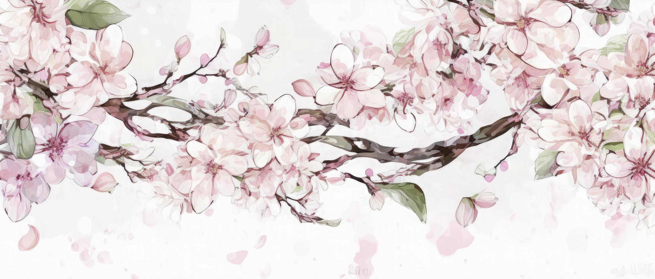 Watercolor illustration of cherry blossoms. Horizontal line decoration. Seamless pattern. Decoration light pink cherry blossom flowers frame with white background, generate ai photo