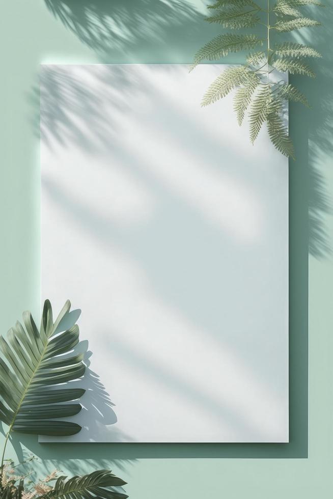 Blank white drawing canvas on mint colored surface with palm leaves, home plants and soft floral shadows, generate ai photo