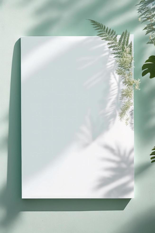 Blank white drawing canvas on mint colored surface with palm leaves, home plants and soft floral shadows, generate ai photo