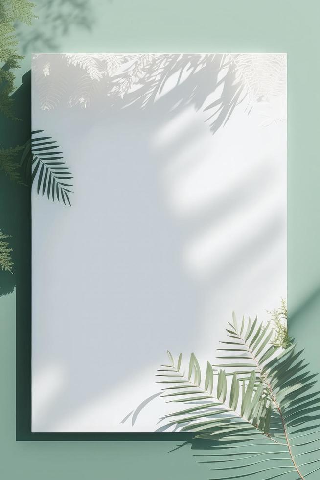 Blank white drawing canvas on mint colored surface with palm leaves, home plants and soft floral shadows, generate ai photo