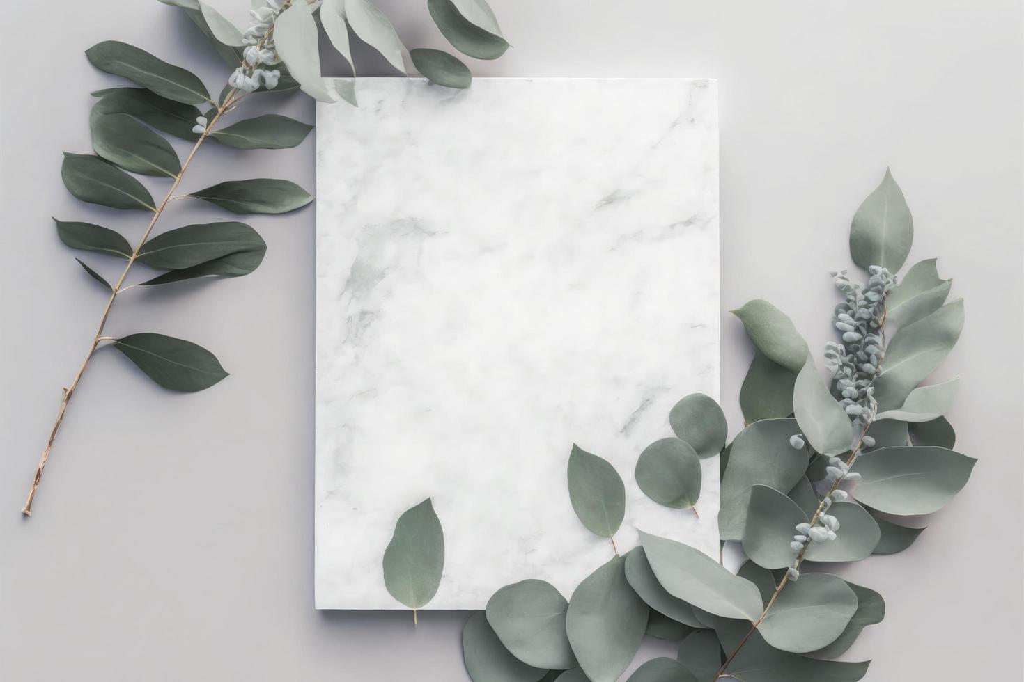 mármol papel blanco, eucalipto ramas en pastel gris fondo, generar ai foto