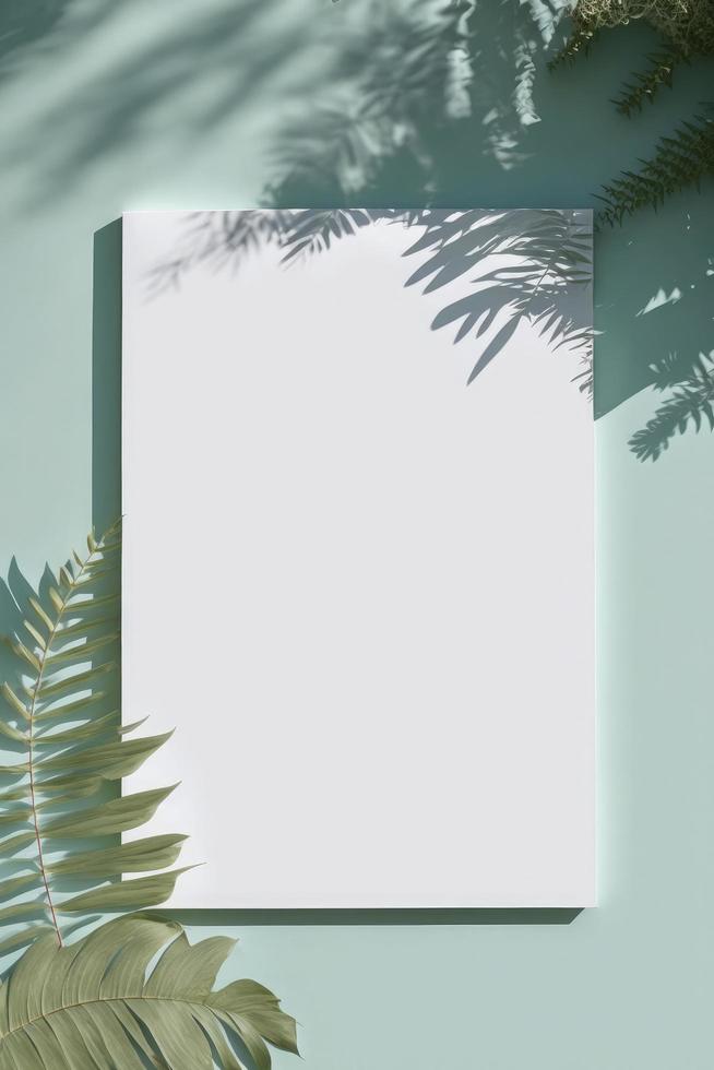 Blank white drawing canvas on mint colored surface with palm leaves, home plants and soft floral shadows, generate ai photo