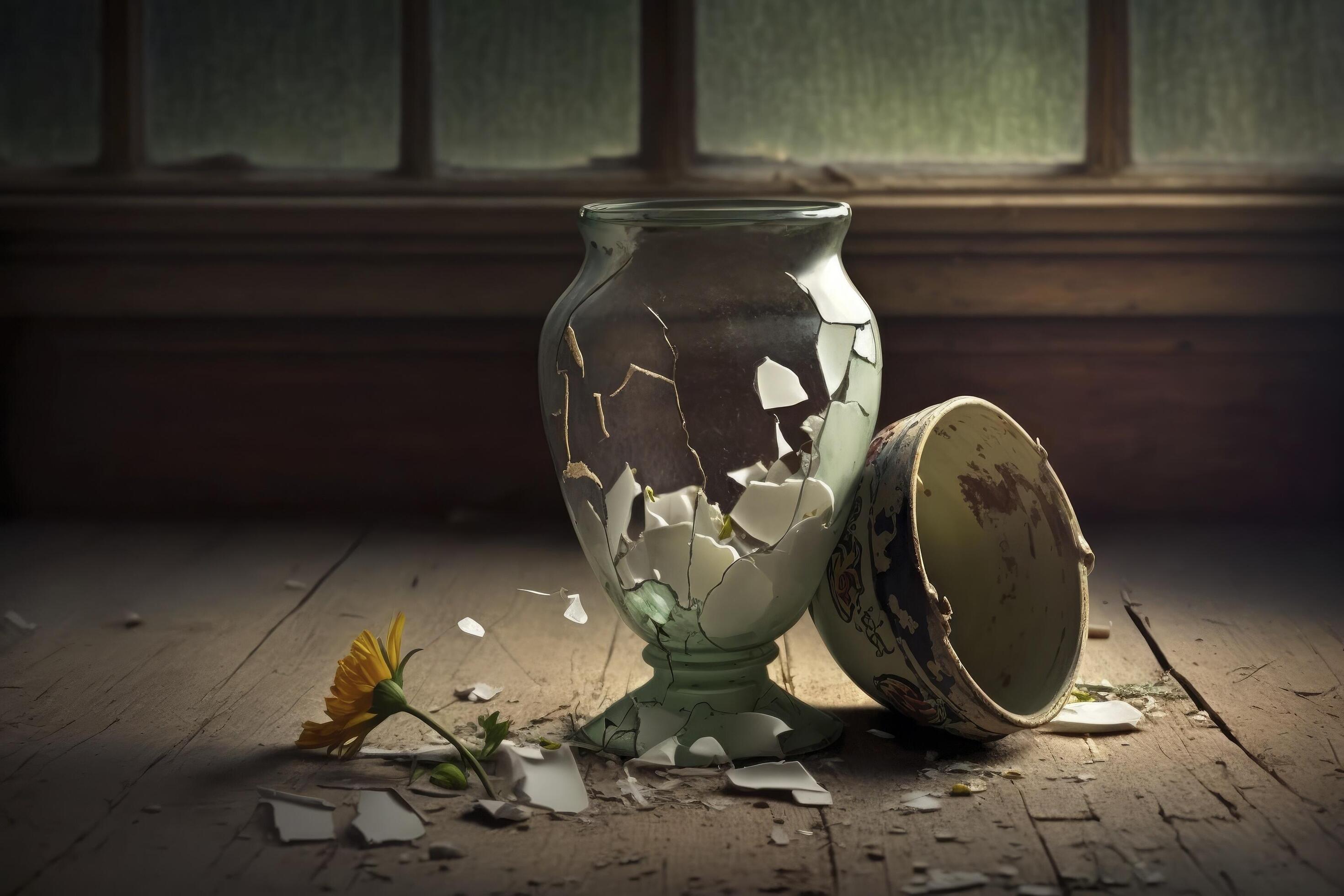 a broken vase on top of a wooden table 22906372 Stock Photo at Vecteezy