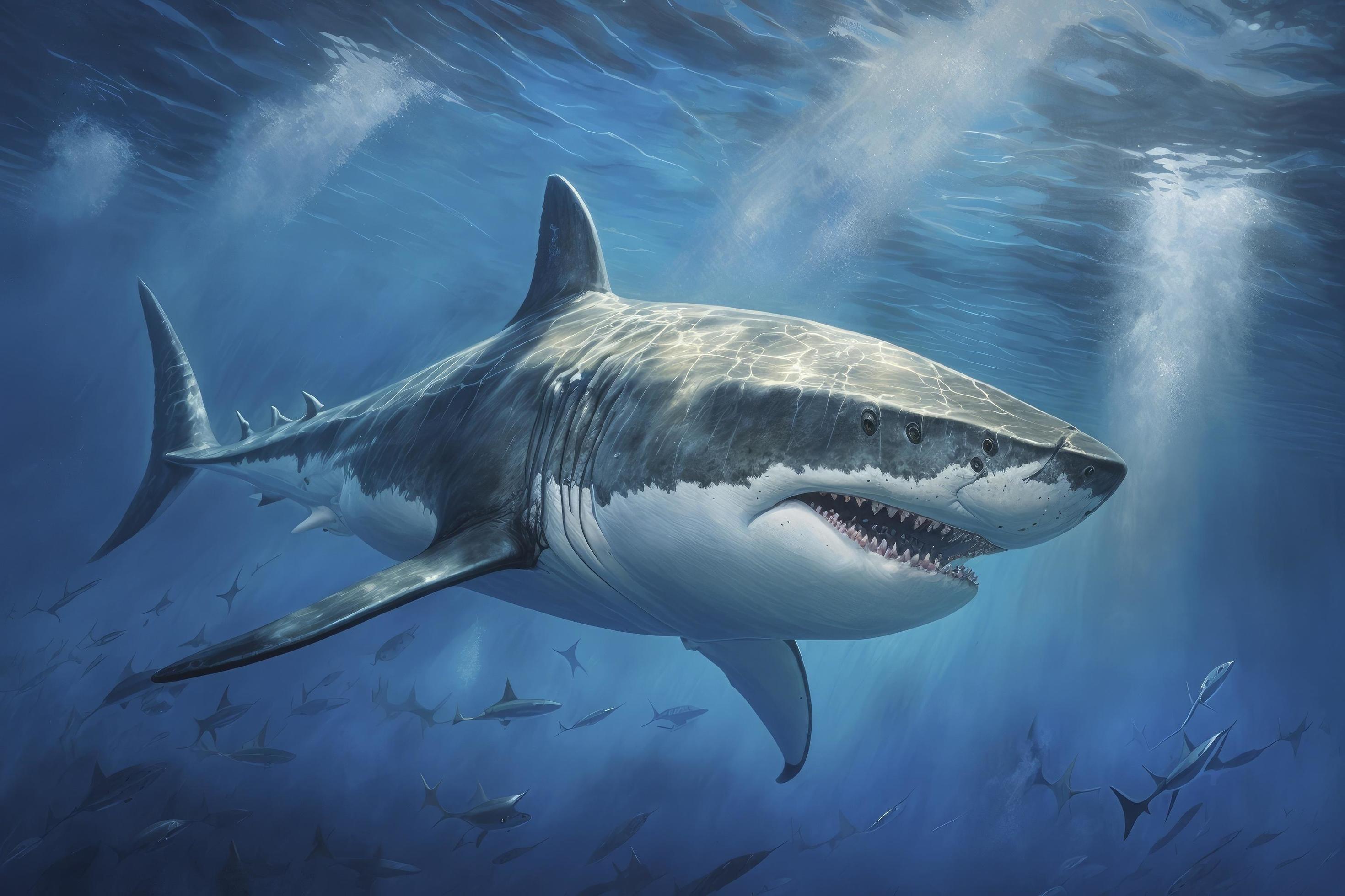 a great white shark swimming in the ocean, a photorealistic painting ...