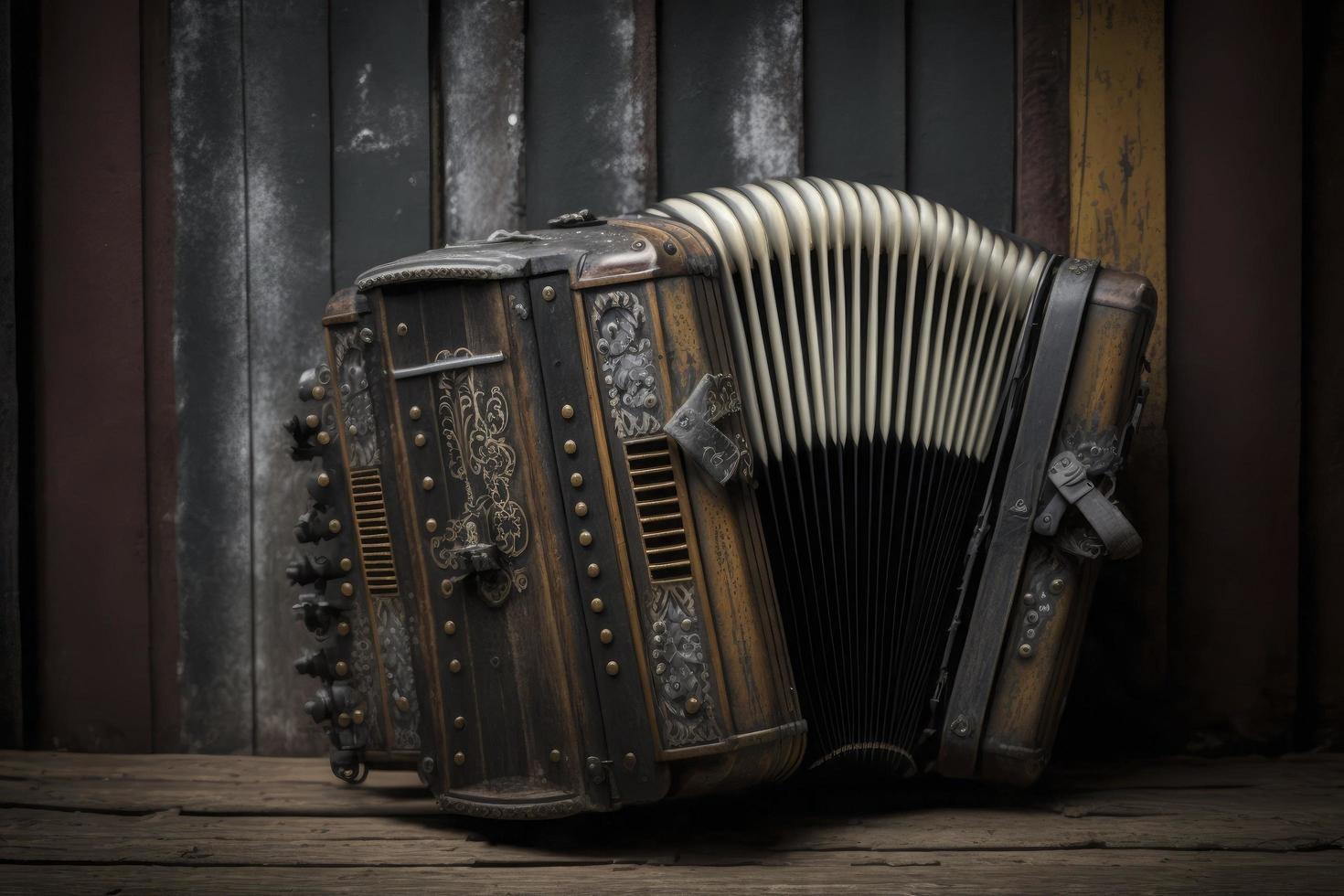 acordeón propensión en contra un de madera pared , Steampunk foto