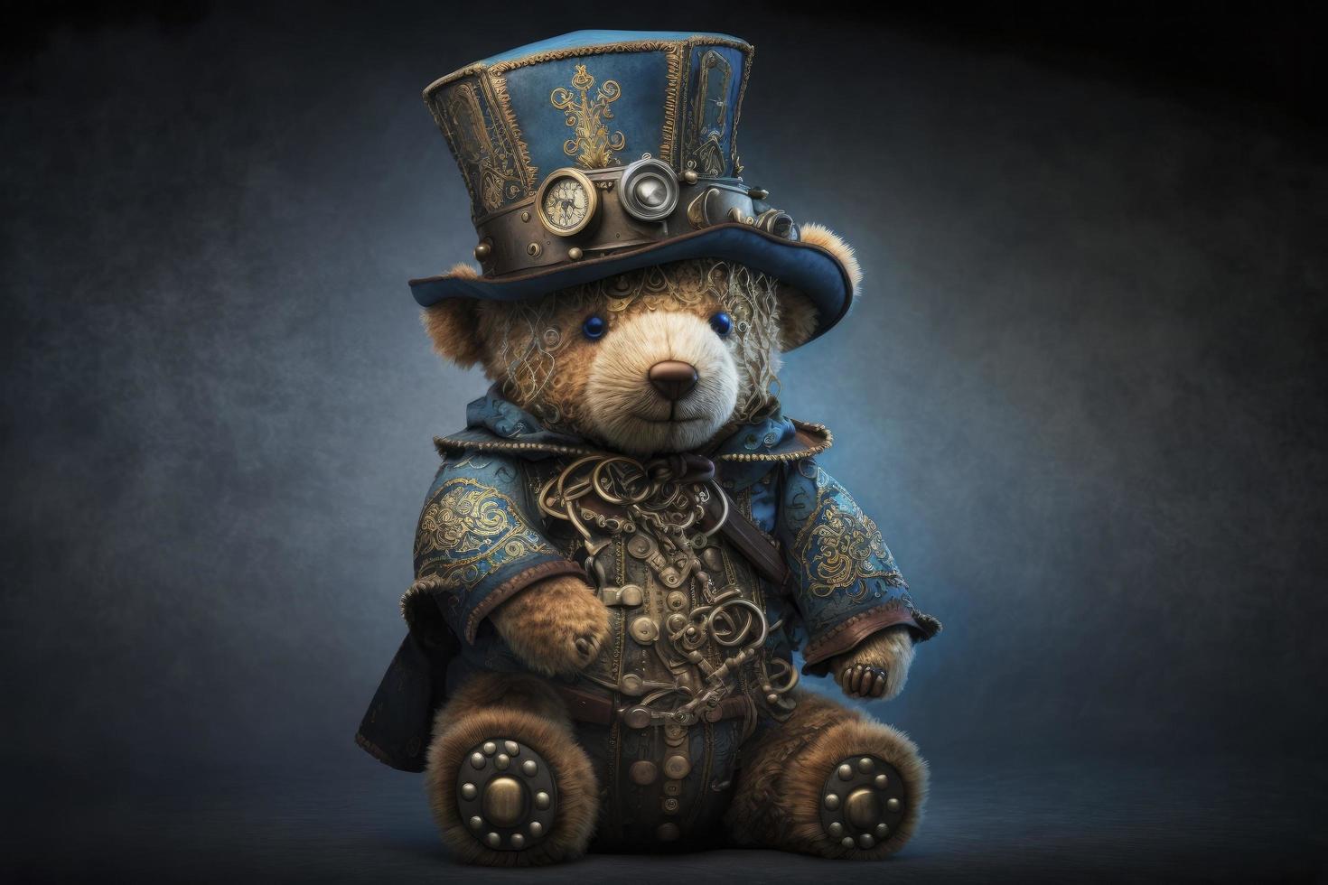 teddy bear wearing a hat and dressed in a steampunk outfit, steampunk, on background photo