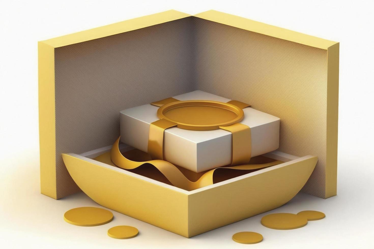 3D Open gift box with floating gold coin and serpentine ribbon. Cash surprise box. Money prize reward. Loyalty program concept. Cartoon creative design icon isolated on white background. 3D Rendering photo