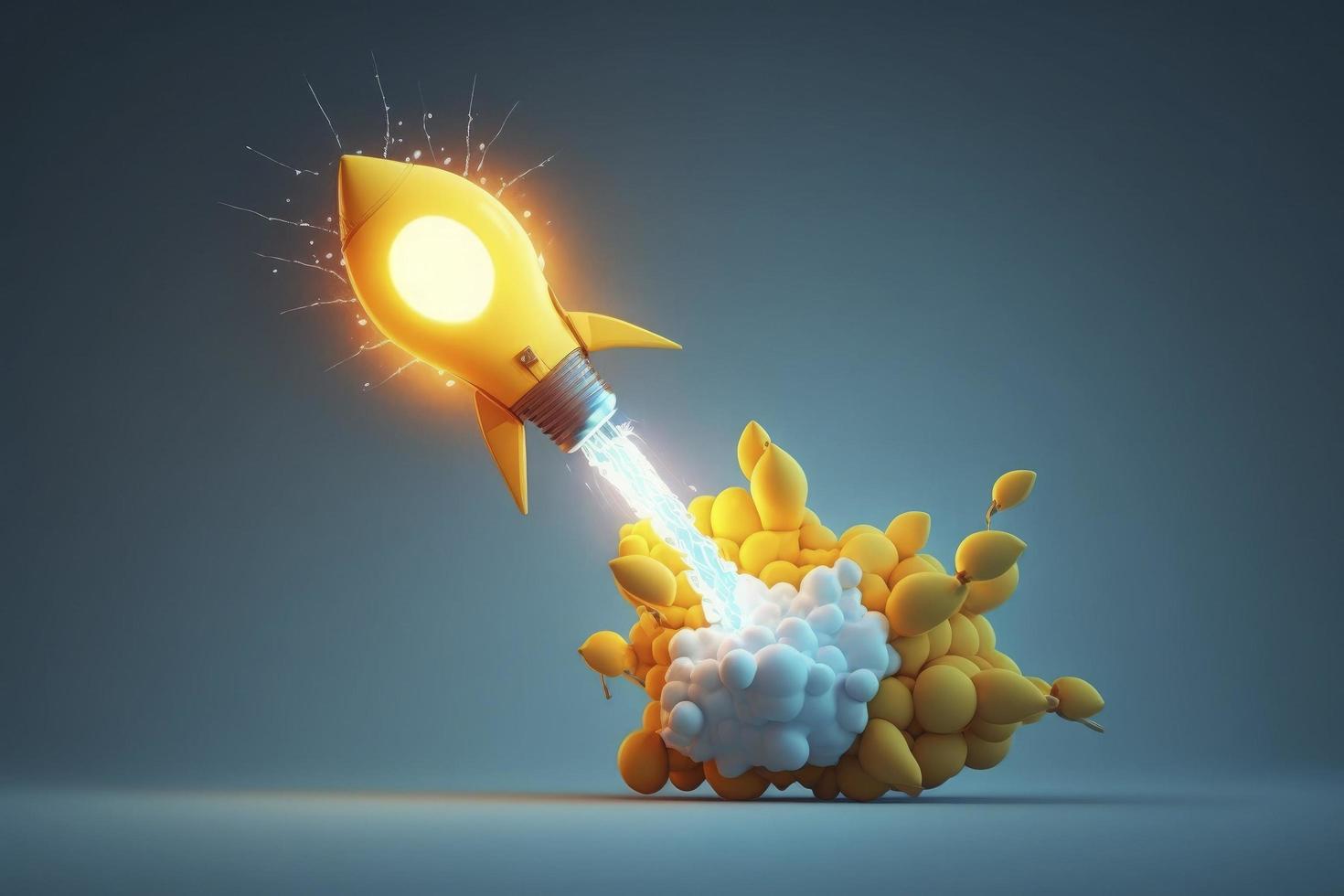 Ideas inspiration concepts of yellow light bulb blasting off like rocket on blue background.Business start up or goal to success.Creativity of human.3d render and illustration photo