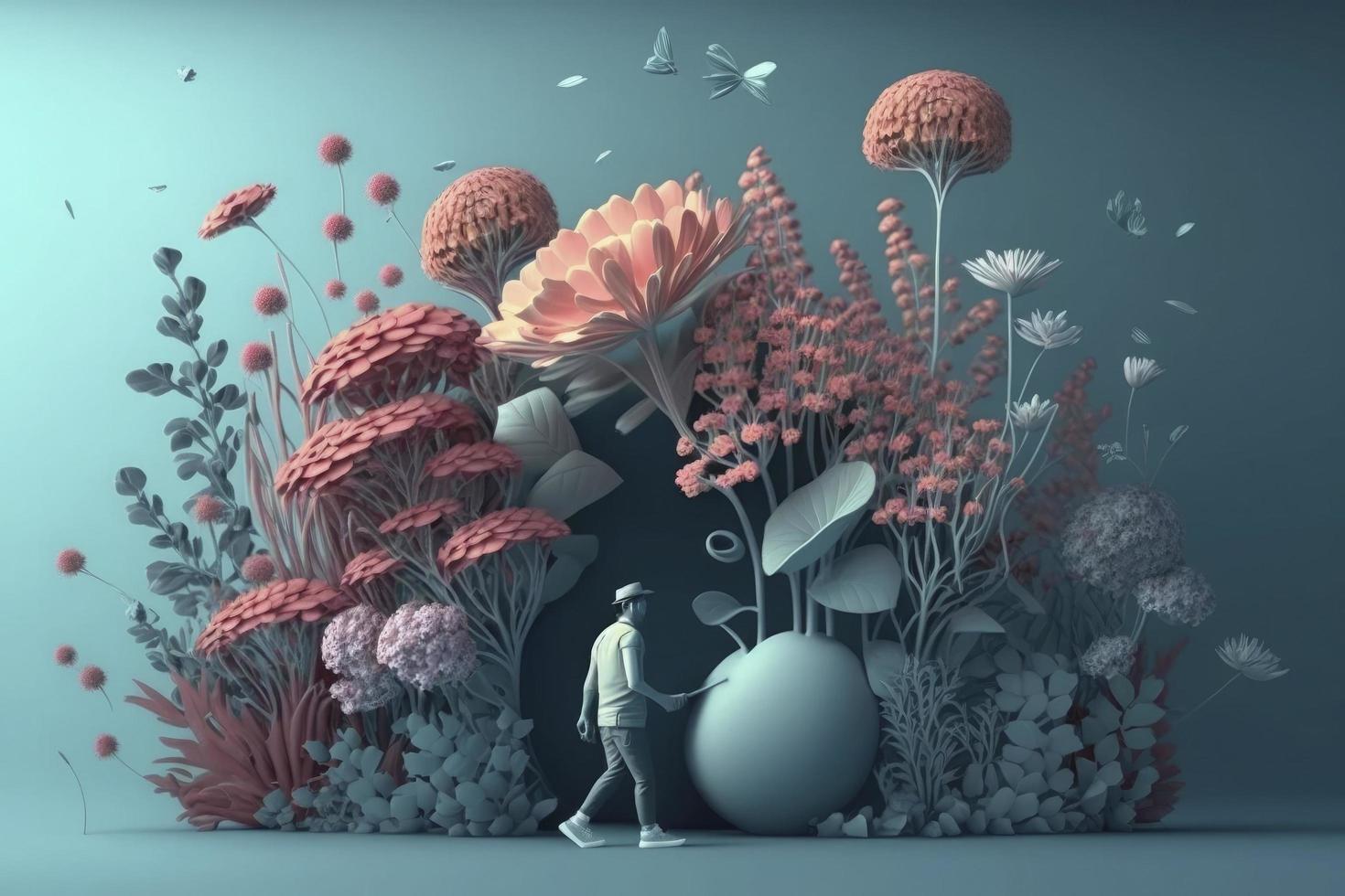 personas buscando algunos cosa con flores, pastel colores, en azul antecedentes. creatividad de humano. 3d hacer y ilustración foto