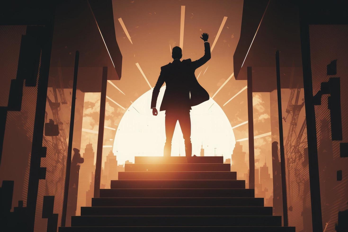 Silhouette of businessman celebrating raising arms on the top stairs with over sunlight.concept of leadership successful achievement with goal,winner,success,growth,achieve,up,win and objective target photo