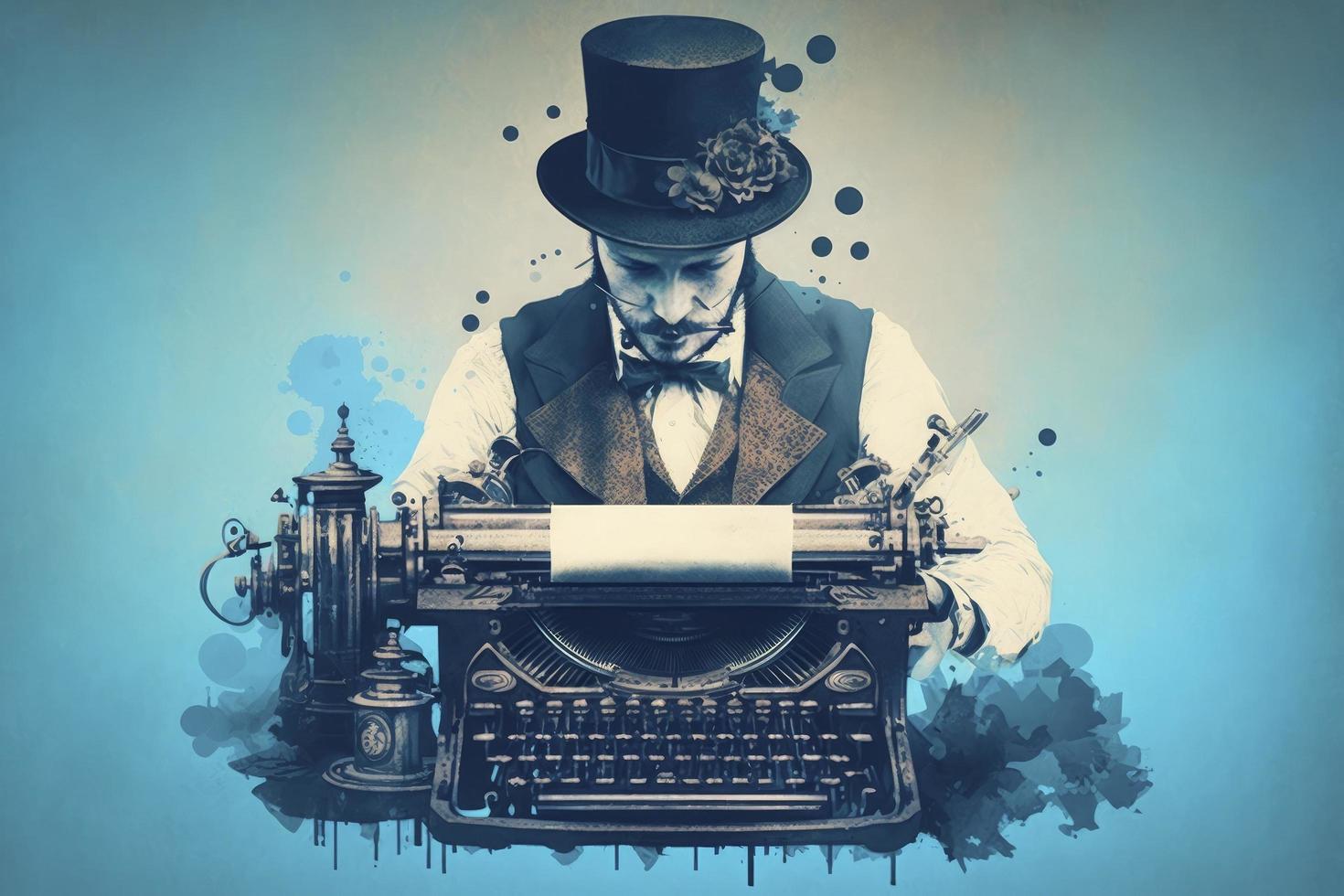 un hombre en un parte superior sombrero escritura en un máquina de escribir en azul fondo, Steampunk foto